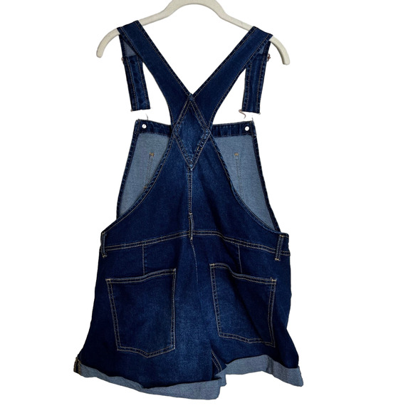 No Boundaries Juniors Denim Shortalls Large Dark Wash Bib Shorts Overalls Jorts - Picture 4 of 7